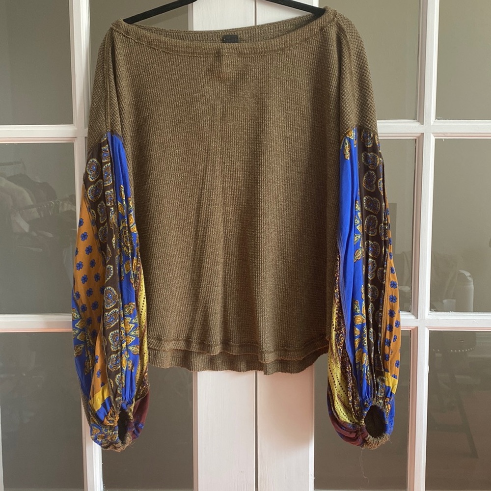 Free People Peacock Print Ribbed Knot Balloon Sleeve Sweater